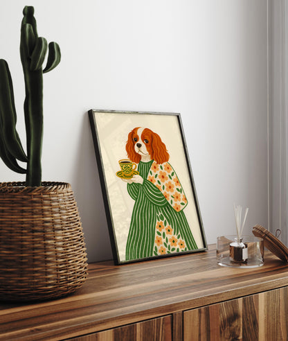 Cavalier King Charles Spaniel Art Print: Dog with Coffee & Flowers