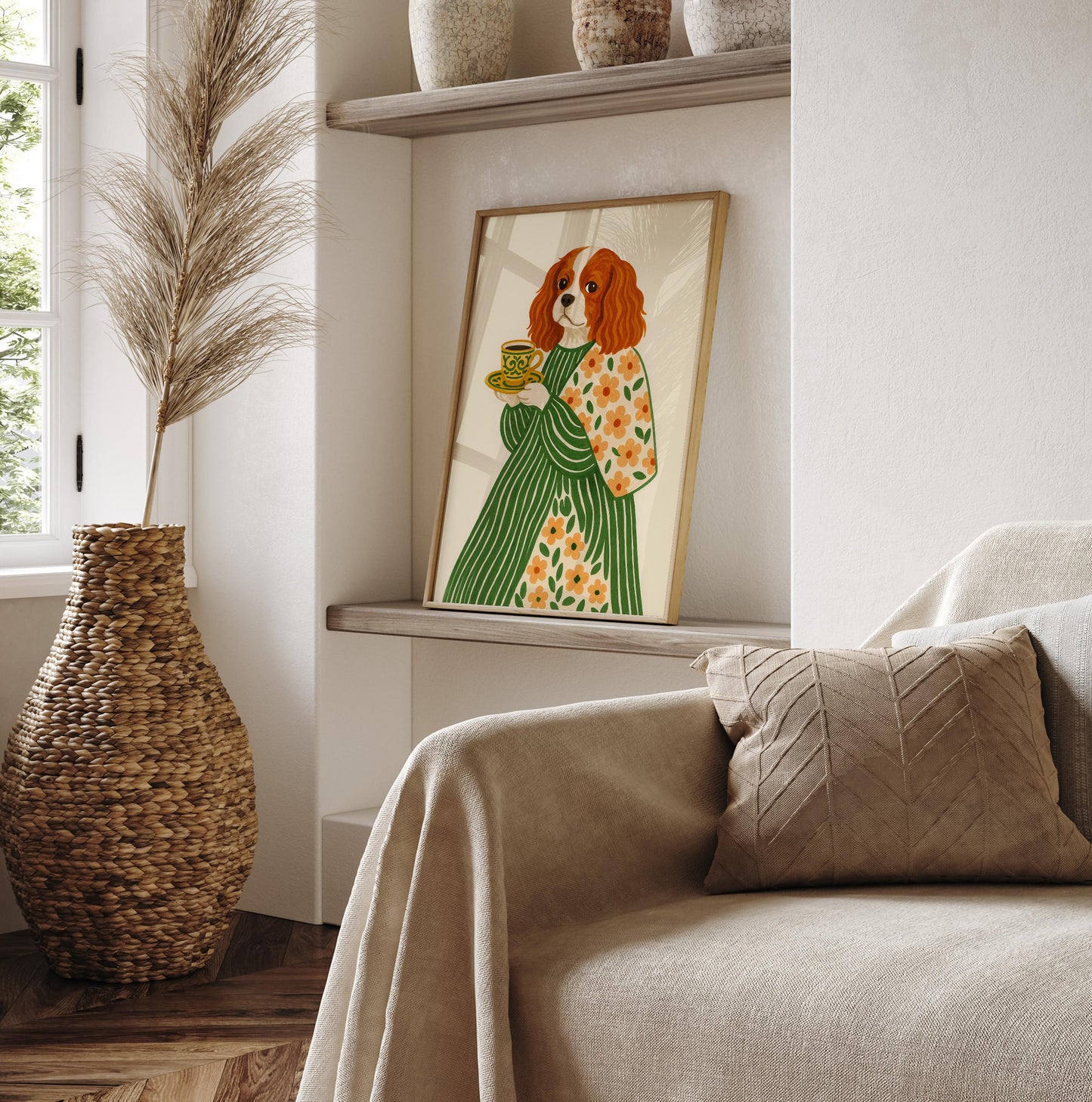 Cavalier King Charles Spaniel Art Print: Dog with Coffee & Flowers