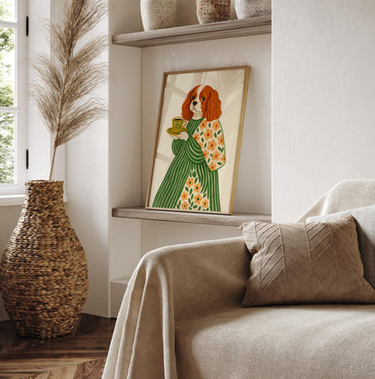 Cavalier King Charles Spaniel Art Print: Dog with Coffee & Flowers