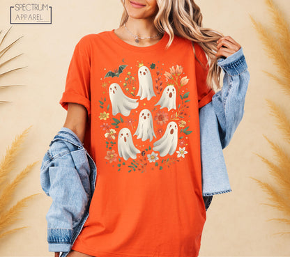 Cute Ghost Friends T-Shirt, Halloween Floral Ghost T-Shirt, Spooky Season Tee, Fall Witch Shirt, Pastel Halloween T-Shirt, Autumn Boo Shirt