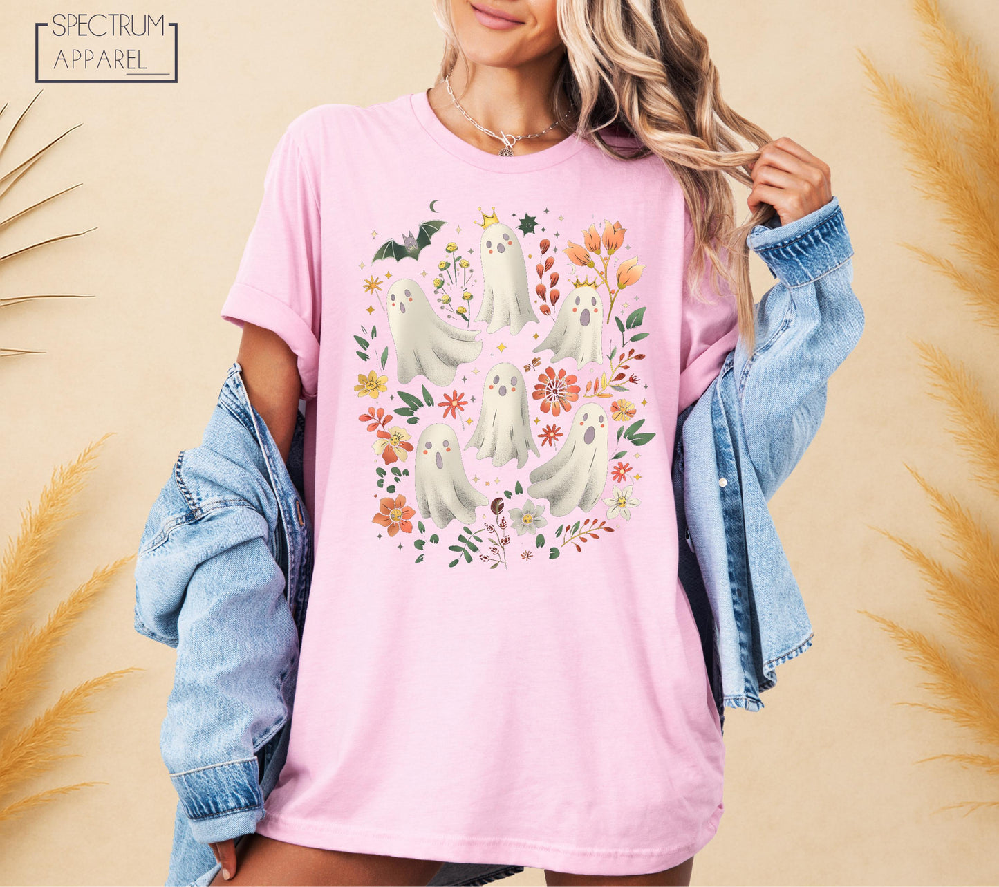 Cute Ghost Friends T-Shirt, Halloween Floral Ghost T-Shirt, Spooky Season Tee, Fall Witch Shirt, Pastel Halloween T-Shirt, Autumn Boo Shirt