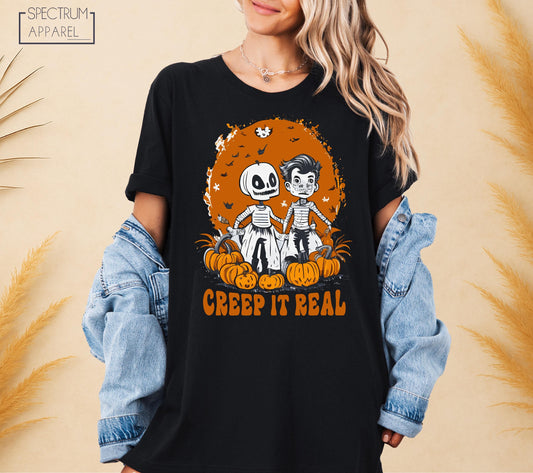 Creep It Real T-Shirt, Funny Creep It Real T-Shirt, Creepy Couple Shirt, Funny Halloween Tee, Pumpkin Skeleton Shirt, Spooky Season T-Shirt