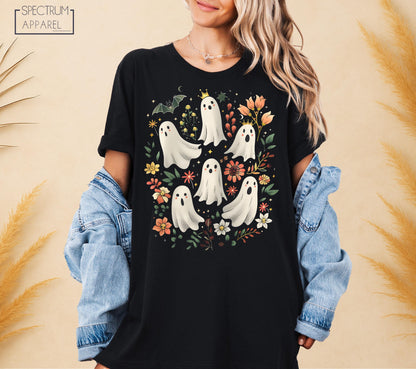 Cute Ghost Friends T-Shirt, Halloween Floral Ghost T-Shirt, Spooky Season Tee, Fall Witch Shirt, Pastel Halloween T-Shirt, Autumn Boo Shirt