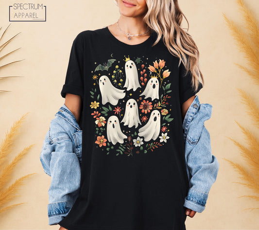 Cute Ghost Friends T-Shirt, Halloween Floral Ghost T-Shirt, Spooky Season Tee, Fall Witch Shirt, Pastel Halloween T-Shirt, Autumn Boo Shirt