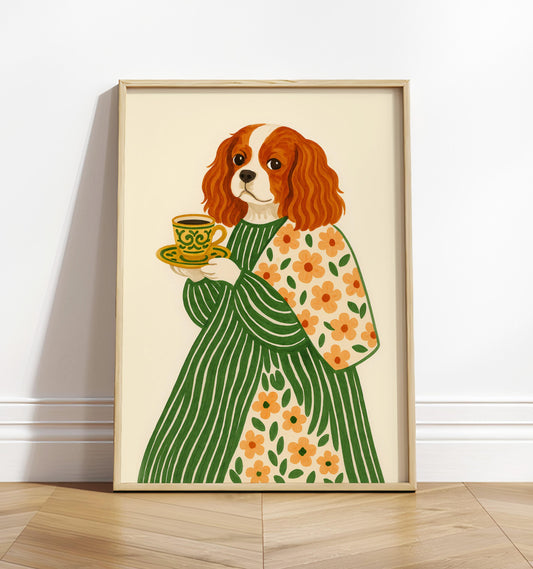 Cavalier King Charles Spaniel Art Print: Dog with Coffee & Flowers