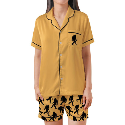 Sasquatch Pajama Set Short Sleeves, Bigfoot Woman's Satin Pajama Short Sleeve Shorts Big foot Gift