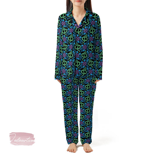 Green Snake Floral Satin Pajama Set for Women | Botanical Serpent Print Loungewear | Bold Boho Sleepwear