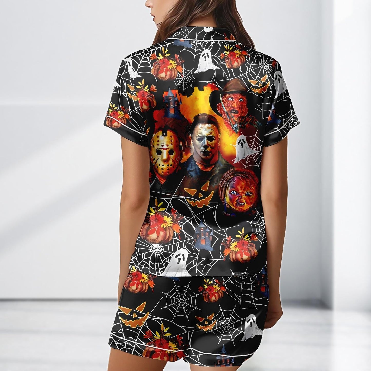 Horror Movie Satin Pajama Set, Michael Myers Freddy Krueger Chucky PJs, Halloween Sleepwear, Spooky Cute Gift