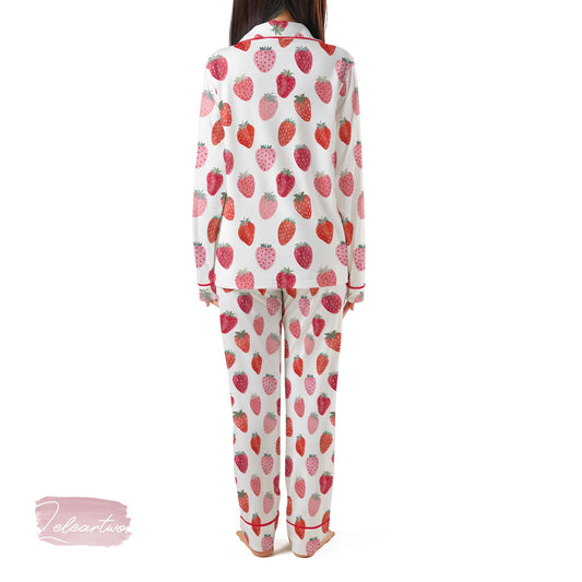 Jam Strawberry Set – Cute Summer Pajamas with Pink and Red Strawberry Print, Short Sleeve Button Top & Shorts, Soft Women’s Sleepwear Gift