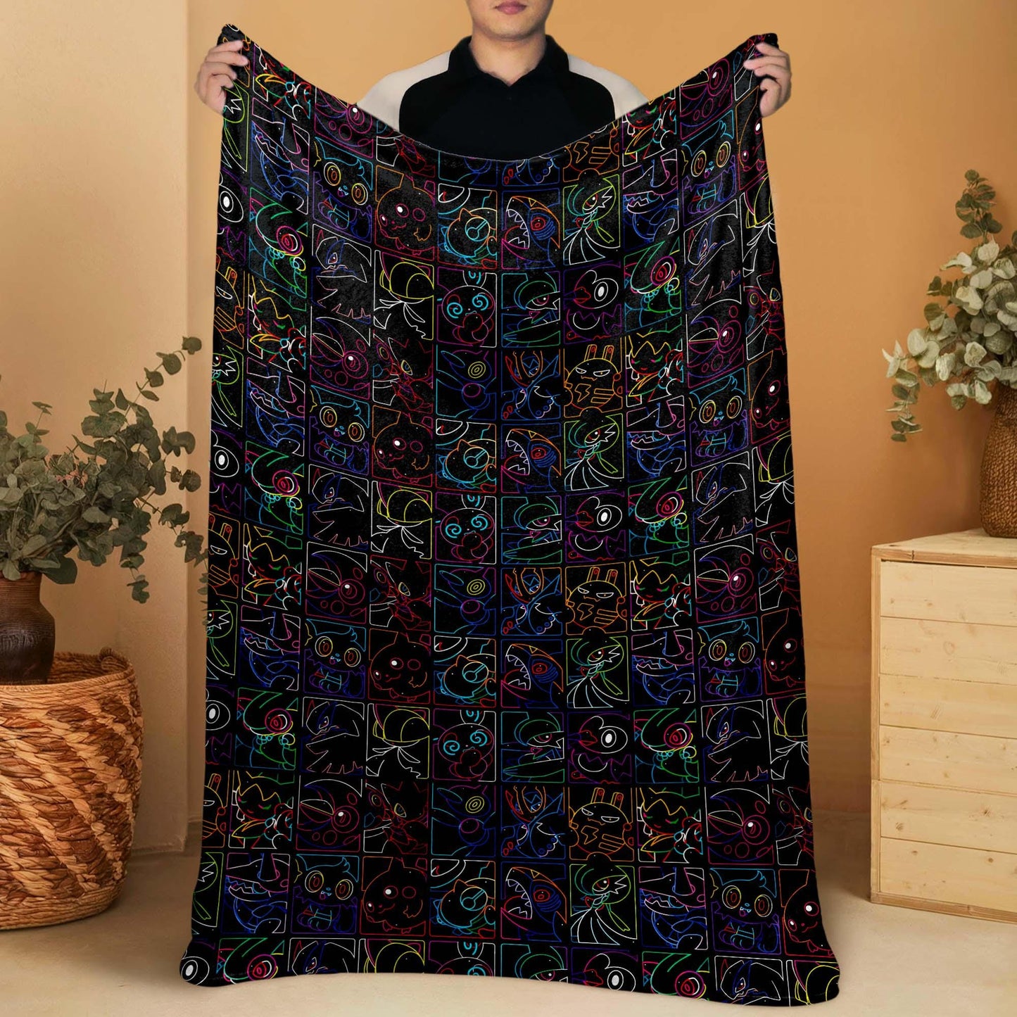 Pikachu and Porygon-Z Blanket, Neon Style Throw Blanket, Soft Cotton Fleece Blanket, Cute Home Decor Gift, Pikachu Blanket Gifts