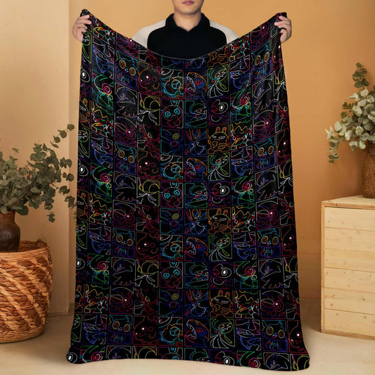 Pikachu and Porygon-Z Blanket, Neon Style Throw Blanket, Soft Cotton Fleece Blanket, Cute Home Decor Gift, Pikachu Blanket Gifts