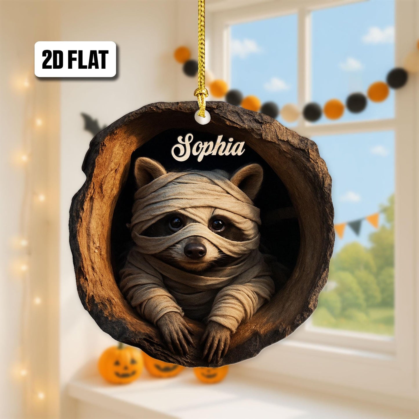 Personalized Raccoon 2D Flat Ornament, Raccoon Rearview Mirror Car Accessories, Raccoon Halloween Ornament, Holiday Gift for Raccoon Lover