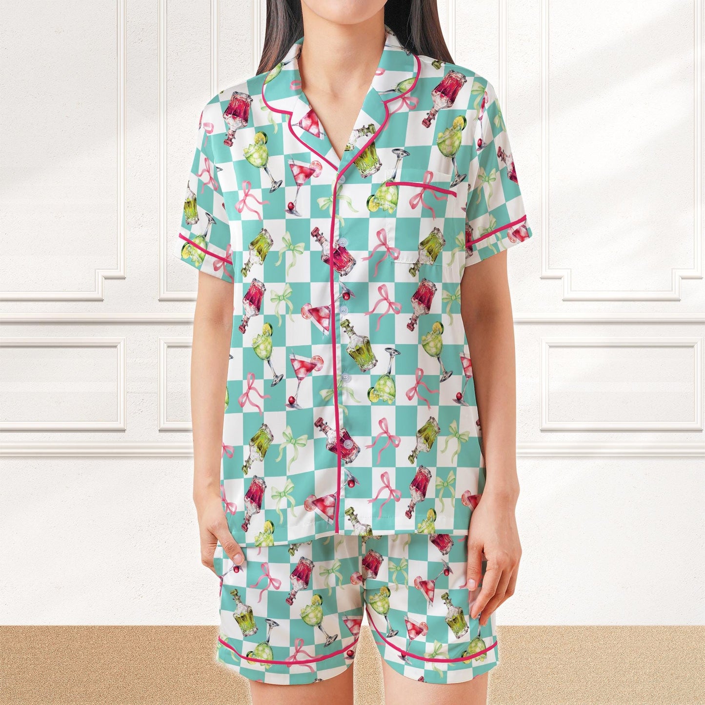 Coquette Margarita Cocktail Pajamas Set, Drinking Pajama Sleepwear Short Sleeve Pajama Set, Checkered Margarita Lover Home Wear Set