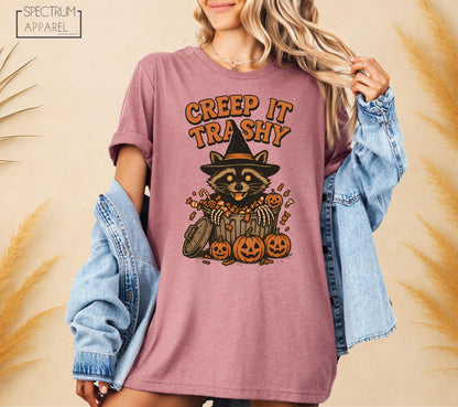 Creep It Trashy Raccoon T-Shirt, Creep the Trash Top, Funny Halloween Trash Raccoon Shirt, Pumpkin Candy Animal Shirt, Spooky Fall Humor Top