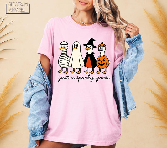 Just A Spooky Goose T-Shirt, Spooky Goose Tee, Funny Halloween Goose in Costumes Shirt, Pumpkin Witch Mummy Ghost Shirt, Cute Fall Humor Top