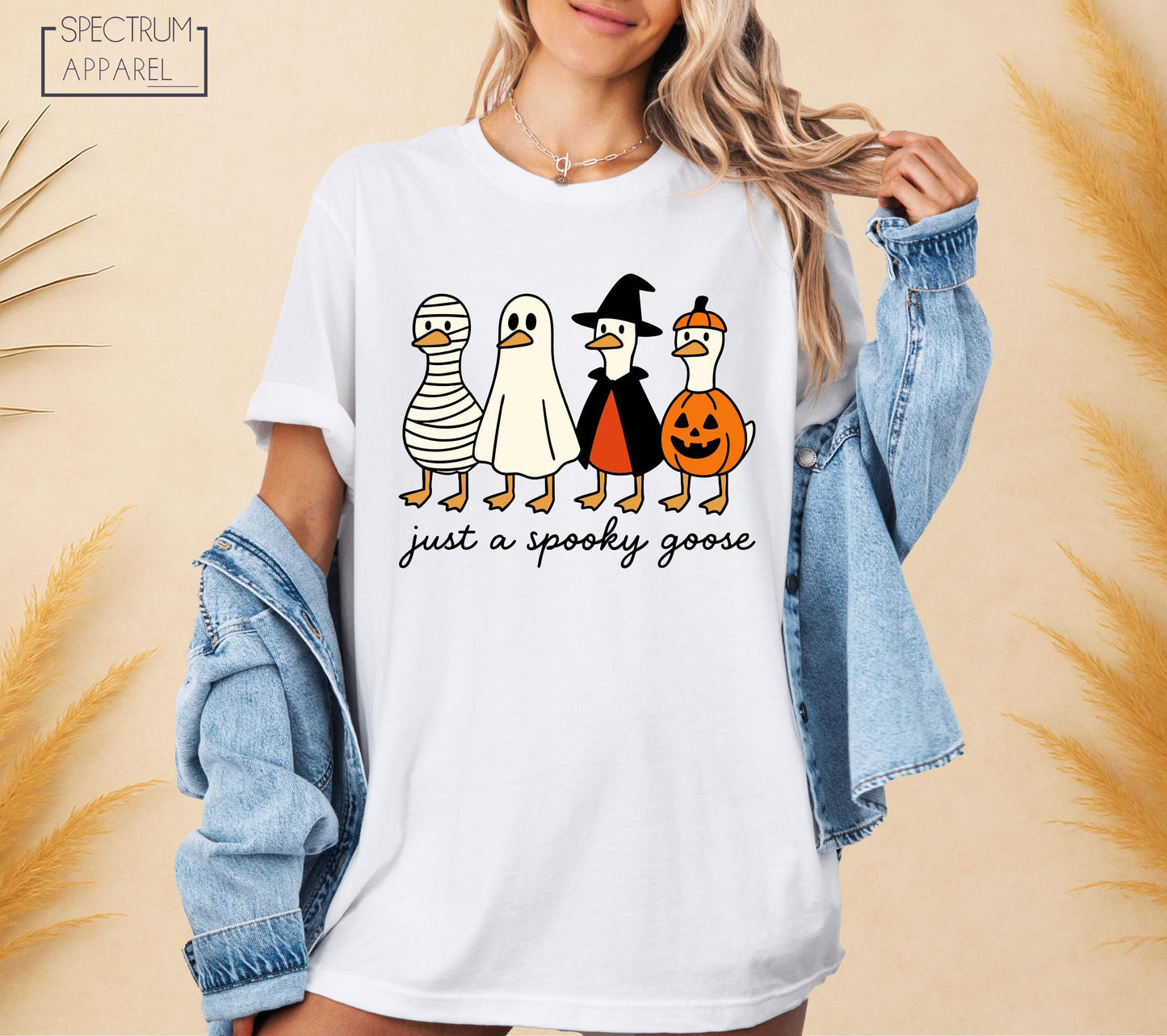 Just A Spooky Goose T-Shirt, Spooky Goose Tee, Funny Halloween Goose in Costumes Shirt, Pumpkin Witch Mummy Ghost Shirt, Cute Fall Humor Top