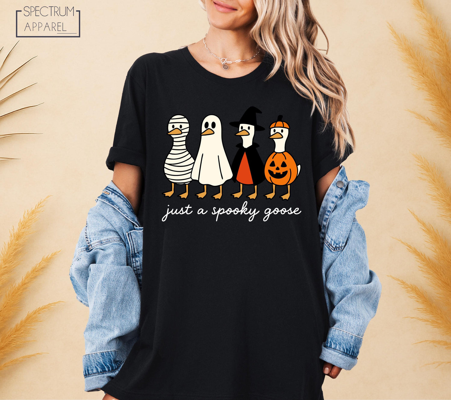 Just A Spooky Goose T-Shirt, Spooky Goose Tee, Funny Halloween Goose in Costumes Shirt, Pumpkin Witch Mummy Ghost Shirt, Cute Fall Humor Top