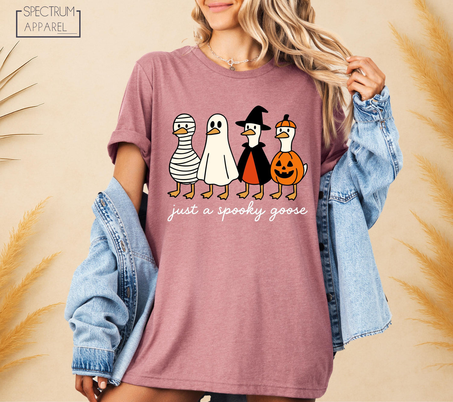 Just A Spooky Goose T-Shirt, Spooky Goose Tee, Funny Halloween Goose in Costumes Shirt, Pumpkin Witch Mummy Ghost Shirt, Cute Fall Humor Top