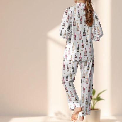 Wine Bottle Satin Pajama Set, Funny Champagne Women Pajamas, Long Sleeve Loungewear, Wine Lover Sleepwear, Birthday Gift For Her