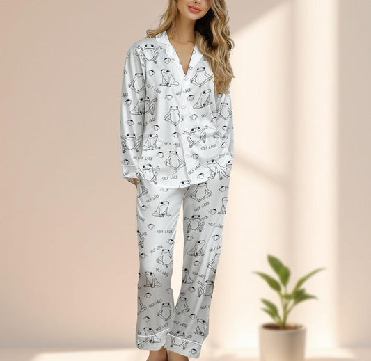 Frog Self Care Satin Pajama Set, Minimalist Line Art Sleepwear, Empowering Women Loungewear, Matching Pajamas Set, Cozy Gift For Her