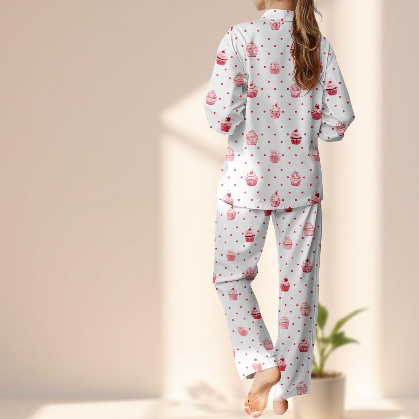 Cute Cupcake Satin Pajama Set, Pink Polka Dot Long Sleeve Sleepwear, Kawaii Dessert Print Loungewear, Matching Pjs, Cozy Gift For Her