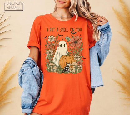 I Put A Spell On You T-Shirt, Spell On You Halloween T-Shirt, Ghost In Flowers Shirt, Cute Skeleton Cat Shirt, Spooky Floral Pumpkin T-Shirt