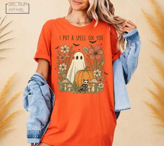 I Put A Spell On You T-Shirt, Spell On You Halloween T-Shirt, Ghost In Flowers Shirt, Cute Skeleton Cat Shirt, Spooky Floral Pumpkin T-Shirt