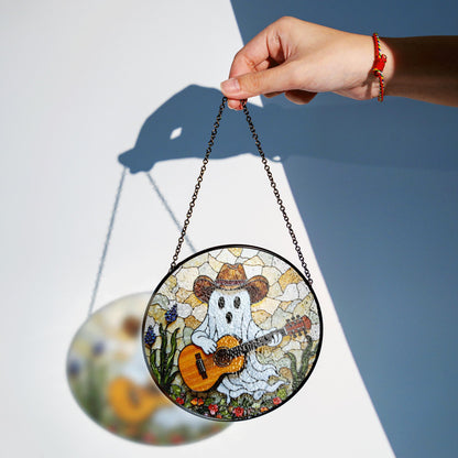 ghost playing guitar stained glass suncatcher funny halloween window decor gift for him