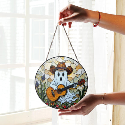 ghost playing guitar stained glass suncatcher funny halloween window decor gift for him