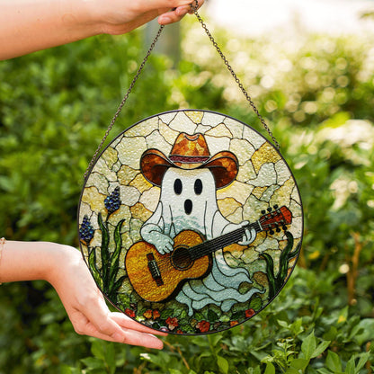 ghost playing guitar stained glass suncatcher funny halloween window decor gift for him