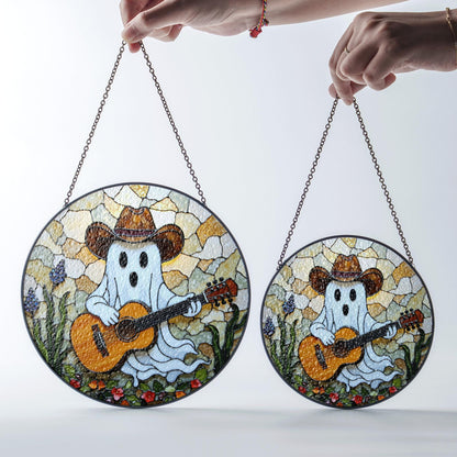 ghost playing guitar stained glass suncatcher funny halloween window decor gift for him