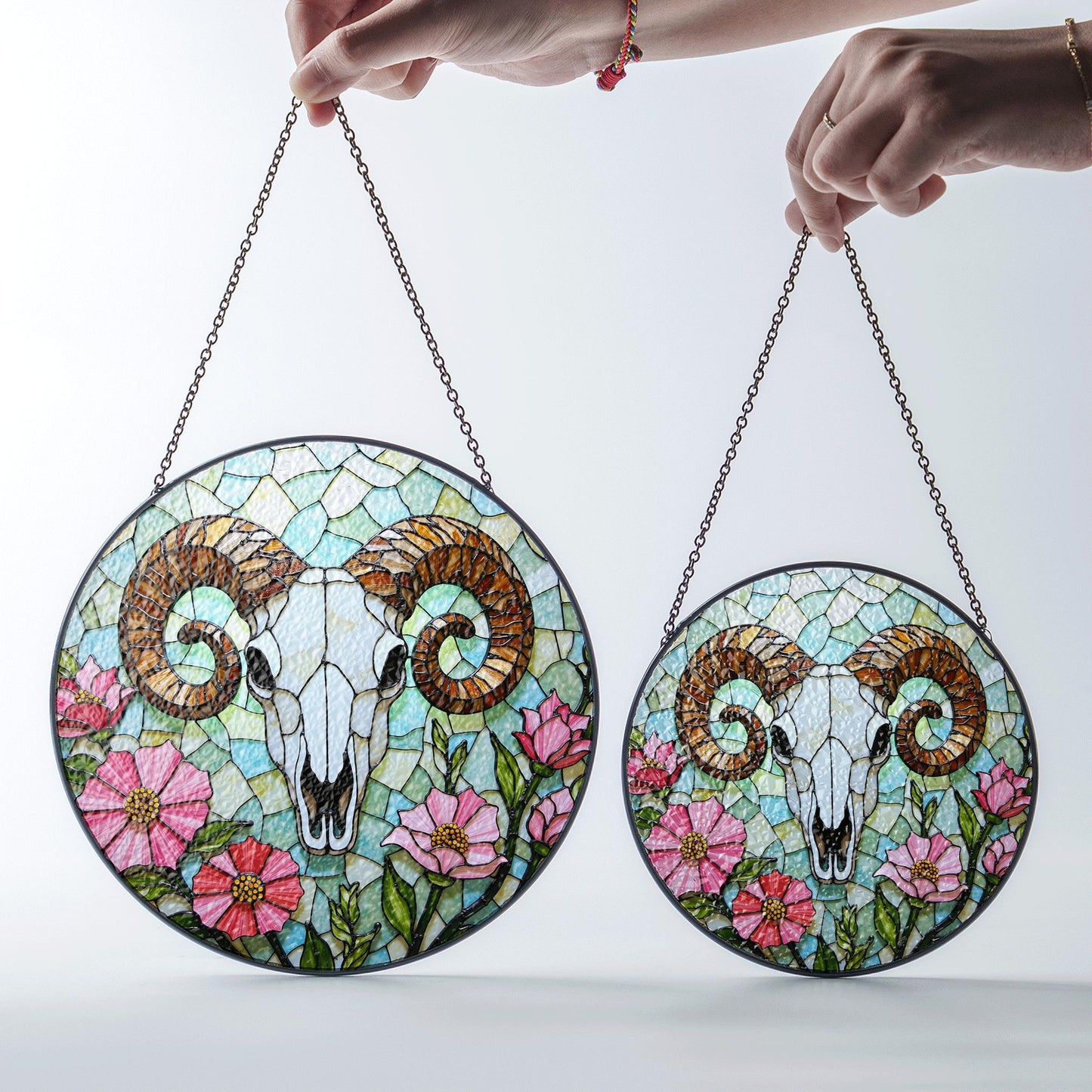 ram skull with wildflowers stained glass suncatcher rustic decor gift for nature lovers