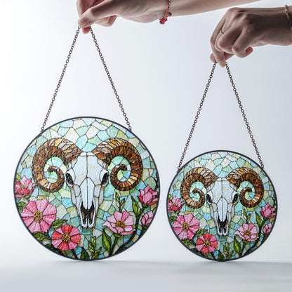 ram skull with wildflowers stained glass suncatcher rustic decor gift for nature lovers