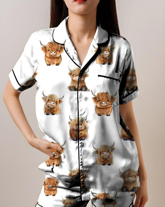 Highland Cow Satin Pajama Set, AOP Short Sleeve Sleepwear for Women, Cute Farm Animal Loungewear Gift