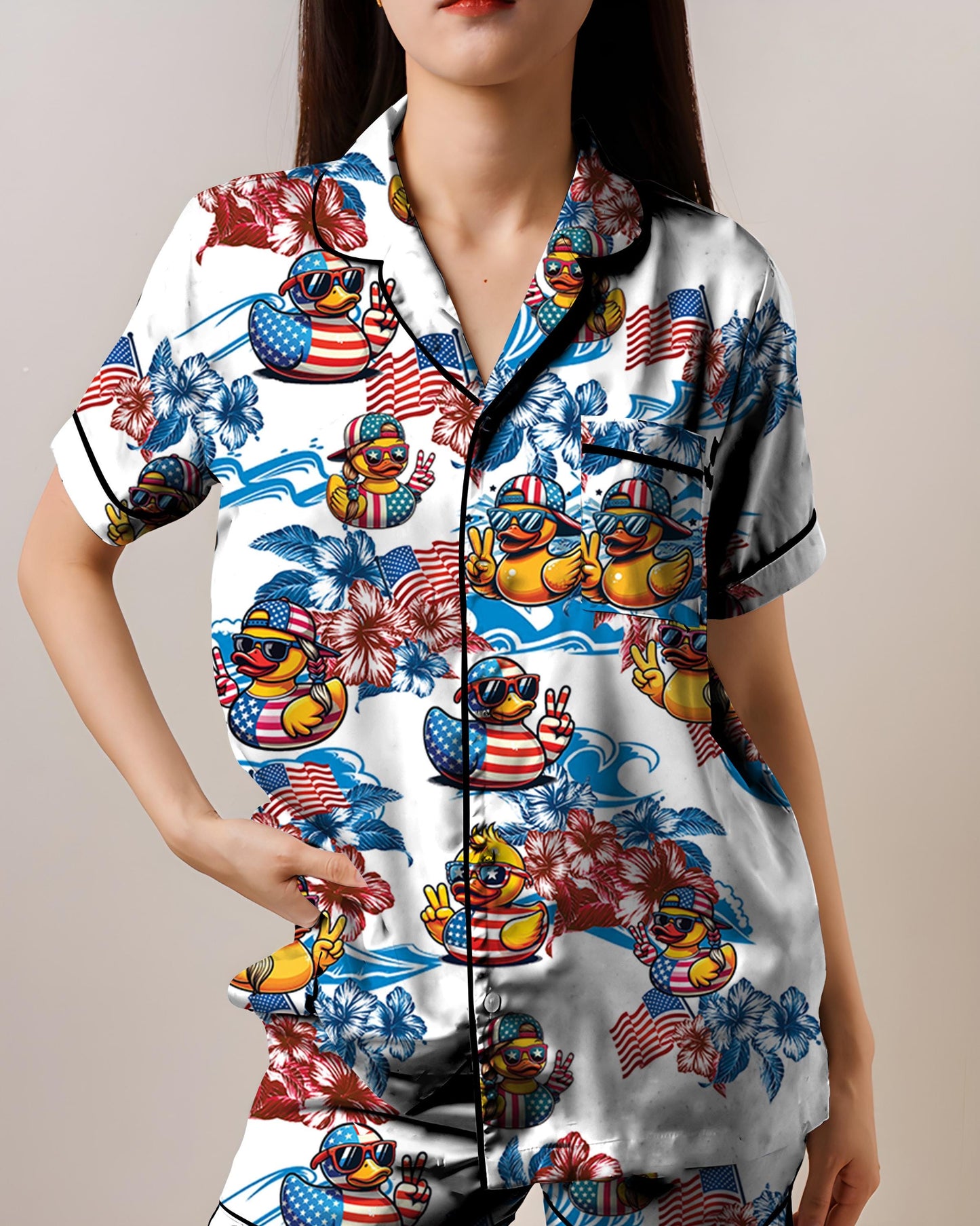 Rubber Duck American Flag Pajama Set, AOP Satin Short Sleeve Sleepwear for Women, Funny Patriotic Loungewear Gift