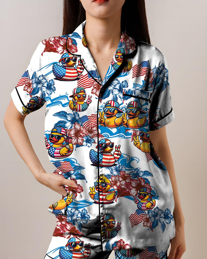 Rubber Duck American Flag Pajama Set, AOP Satin Short Sleeve Sleepwear for Women, Funny Patriotic Loungewear Gift
