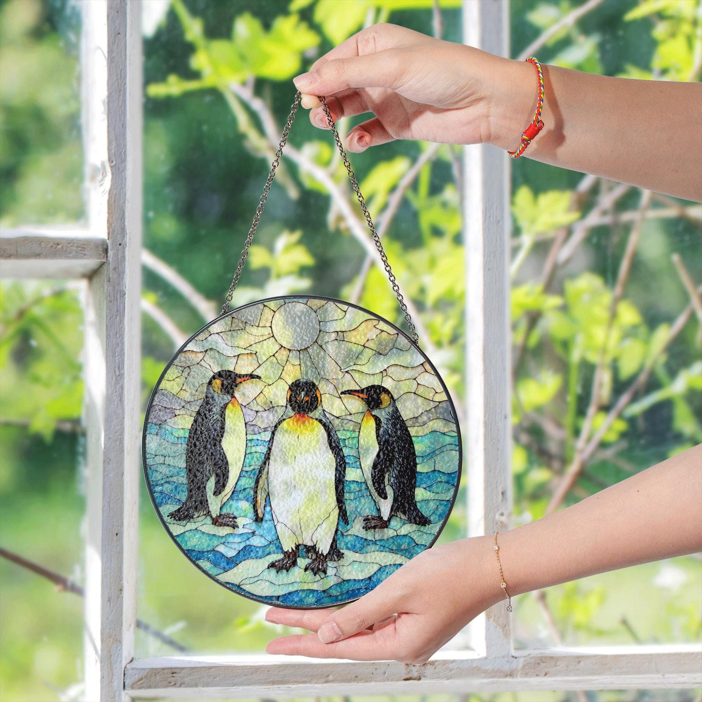 Three emperor penguins arctic stained glass suncatcher wildlife window decor gift for animal lovers