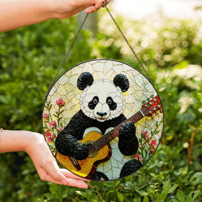 Panda Playing Guitar Suncatcher Stained Glass Window Decor Gift for Music Lover