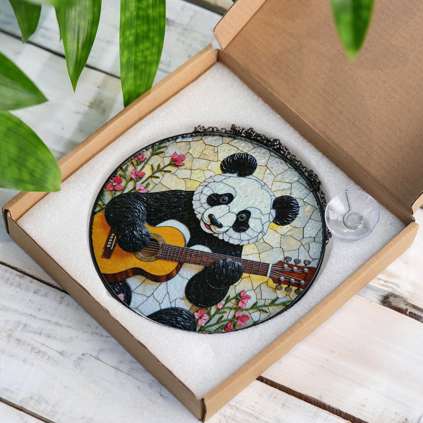 Panda Playing Guitar Suncatcher Stained Glass Window Decor Gift for Music Lover