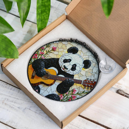 Panda Playing Guitar Suncatcher Stained Glass Window Decor Gift for Music Lover