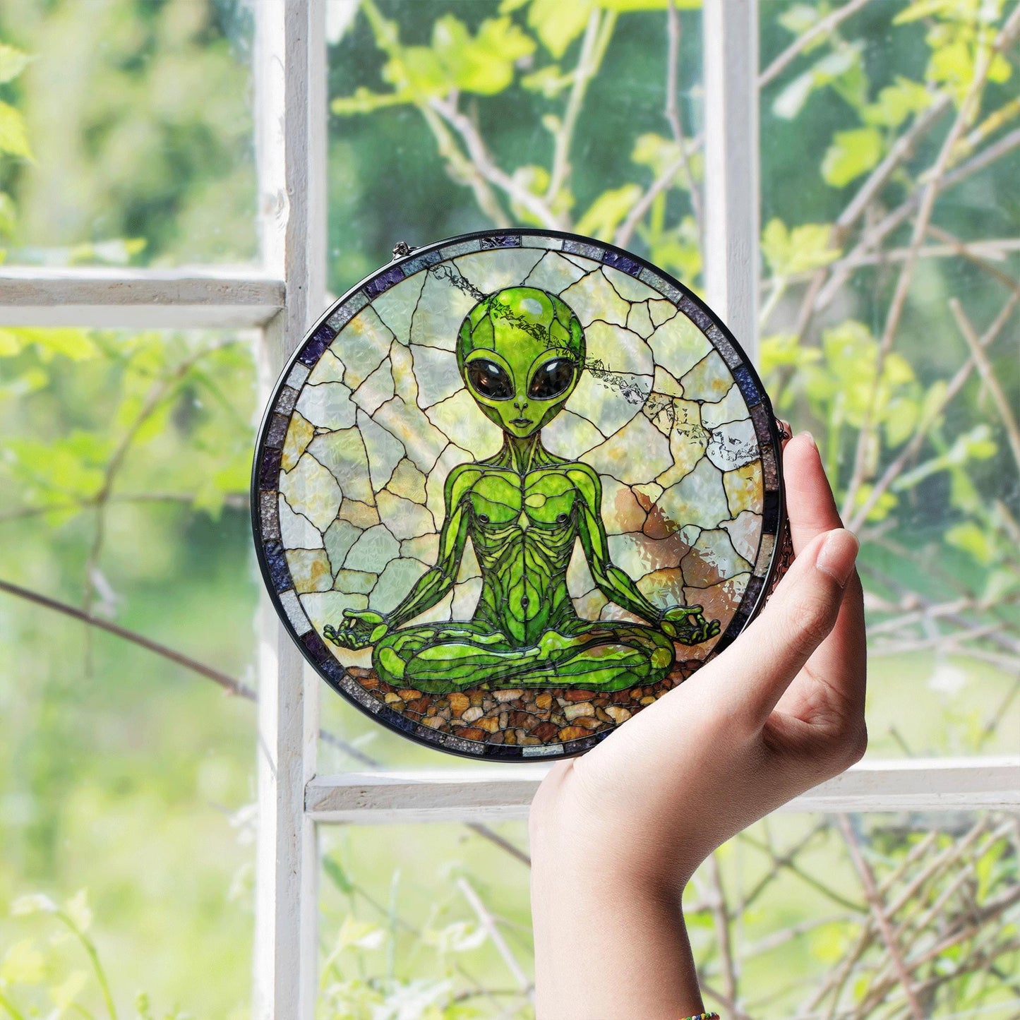 Meditating Alien Stained Glass Style Round Suncatcher Gift for UFO Lovers
