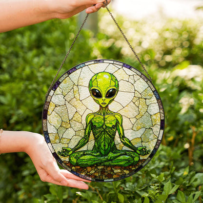 Meditating Alien Stained Glass Style Round Suncatcher Gift for UFO Lovers