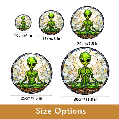 Meditating Alien Stained Glass Style Round Suncatcher Gift for UFO Lovers