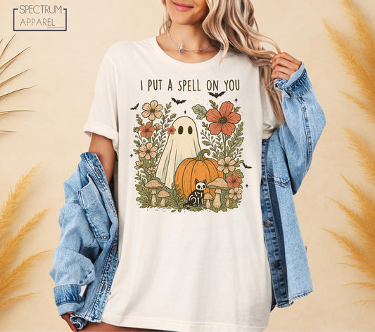 I Put A Spell On You T-Shirt, Spell On You Halloween T-Shirt, Ghost In Flowers Shirt, Cute Skeleton Cat Shirt, Spooky Floral Pumpkin T-Shirt