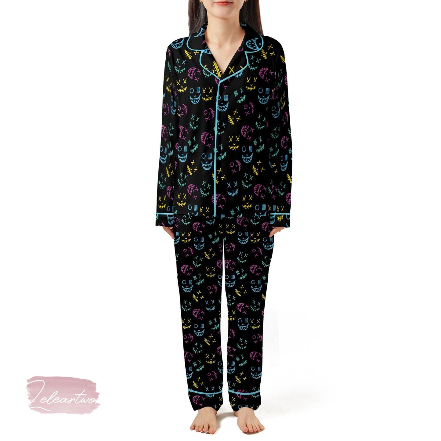 Smile Gravity Set – Neon Skull Face Pajama Shorts | Glow-in-the-Dark Graffiti Sleepwear | Funky Halloween Lounge Gift