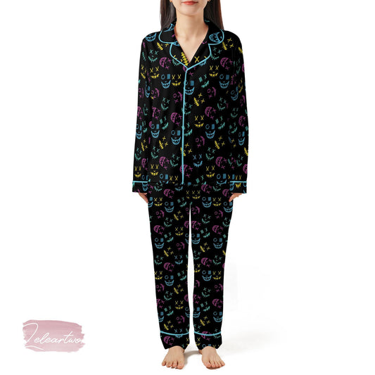 Smile Gravity Set – Neon Skull Face Pajama Shorts | Glow-in-the-Dark Graffiti Sleepwear | Funky Halloween Lounge Gift