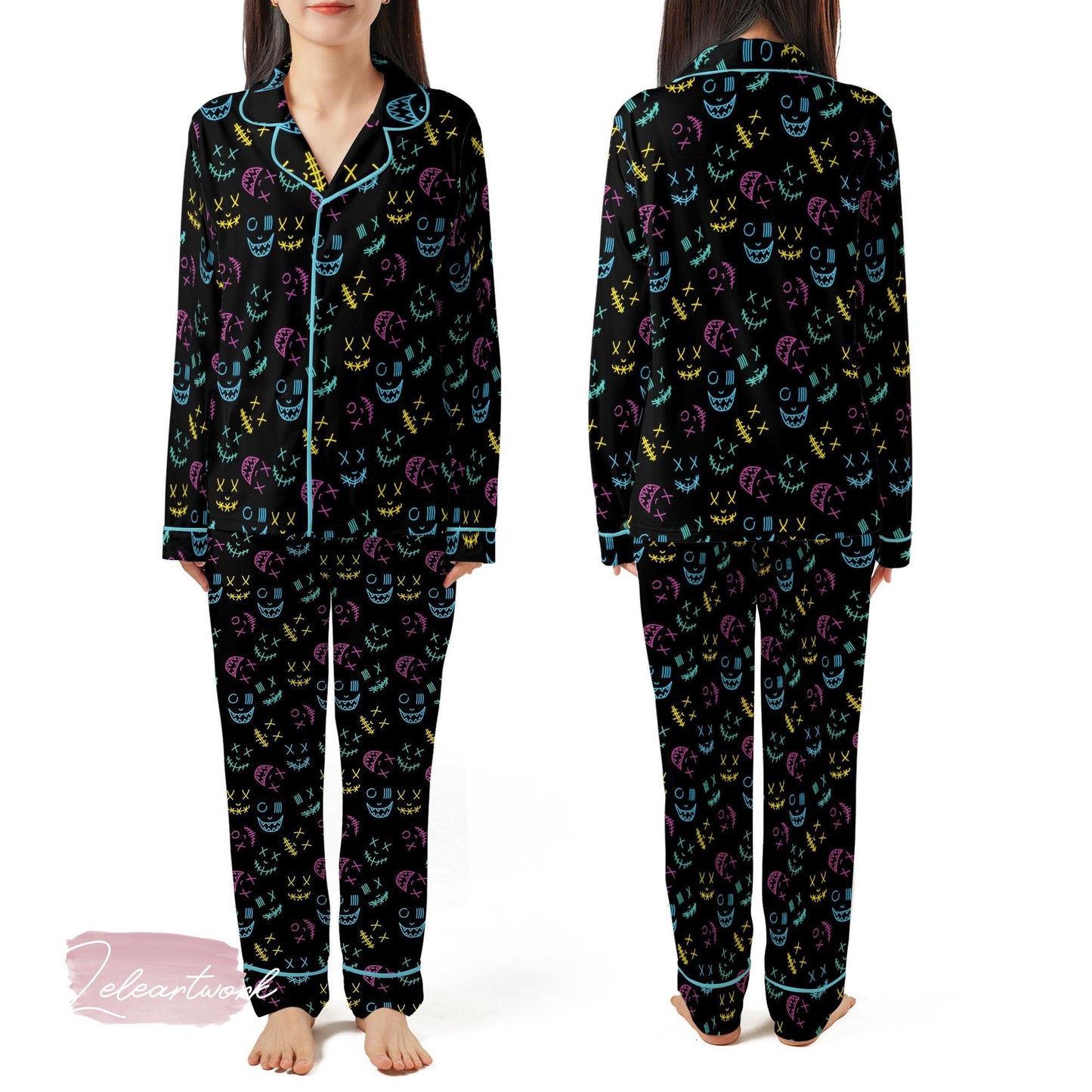 Smile Gravity Set – Neon Skull Face Pajama Shorts | Glow-in-the-Dark Graffiti Sleepwear | Funky Halloween Lounge Gift