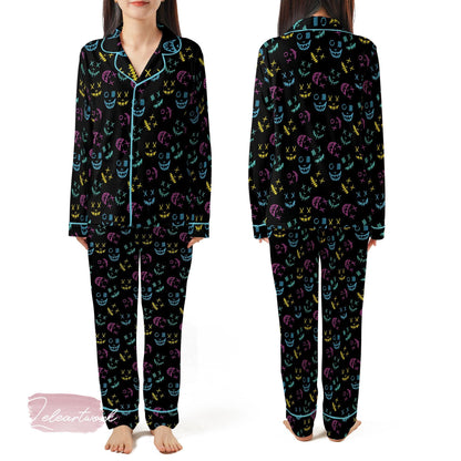Smile Gravity Set – Neon Skull Face Pajama Shorts | Glow-in-the-Dark Graffiti Sleepwear | Funky Halloween Lounge Gift