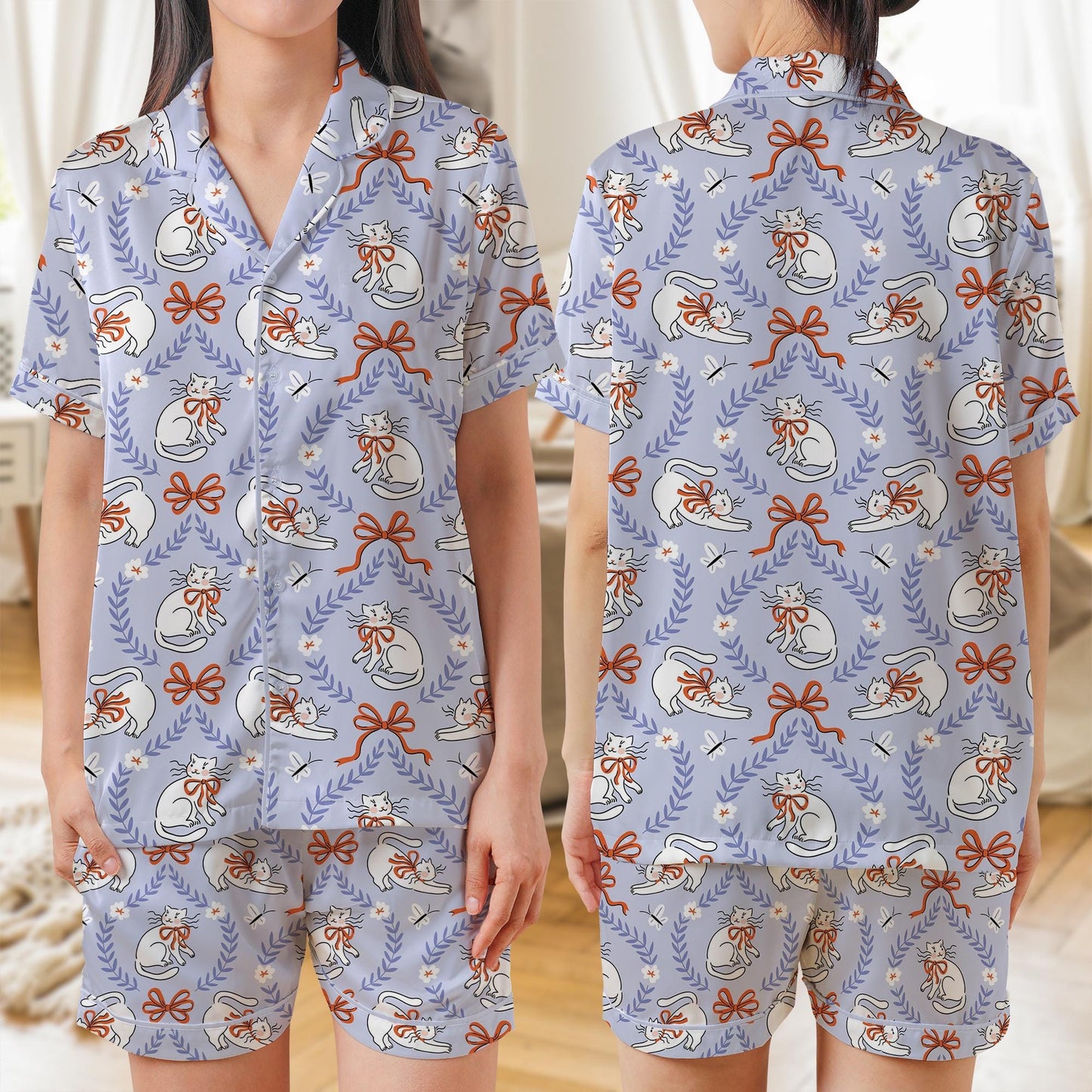 Cat Cute AOP Satin Short-Sleeve Pajamas Set, Funny Cat Lover Sleepwear, Kawaii Animal Print PJ Set, Cute Cat Gift for Her, Soft Loungewear