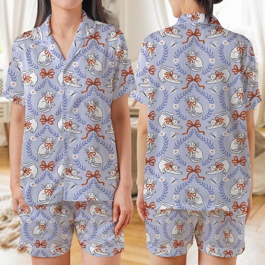 Cat Cute AOP Satin Short-Sleeve Pajamas Set, Funny Cat Lover Sleepwear, Kawaii Animal Print PJ Set, Cute Cat Gift for Her, Soft Loungewear